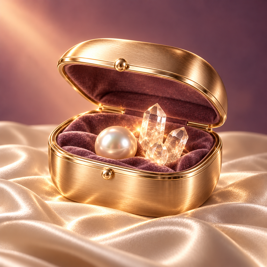 Champagne-gold casket lined with plum velvet, holding a luminous pearl and crystals on ivory silk