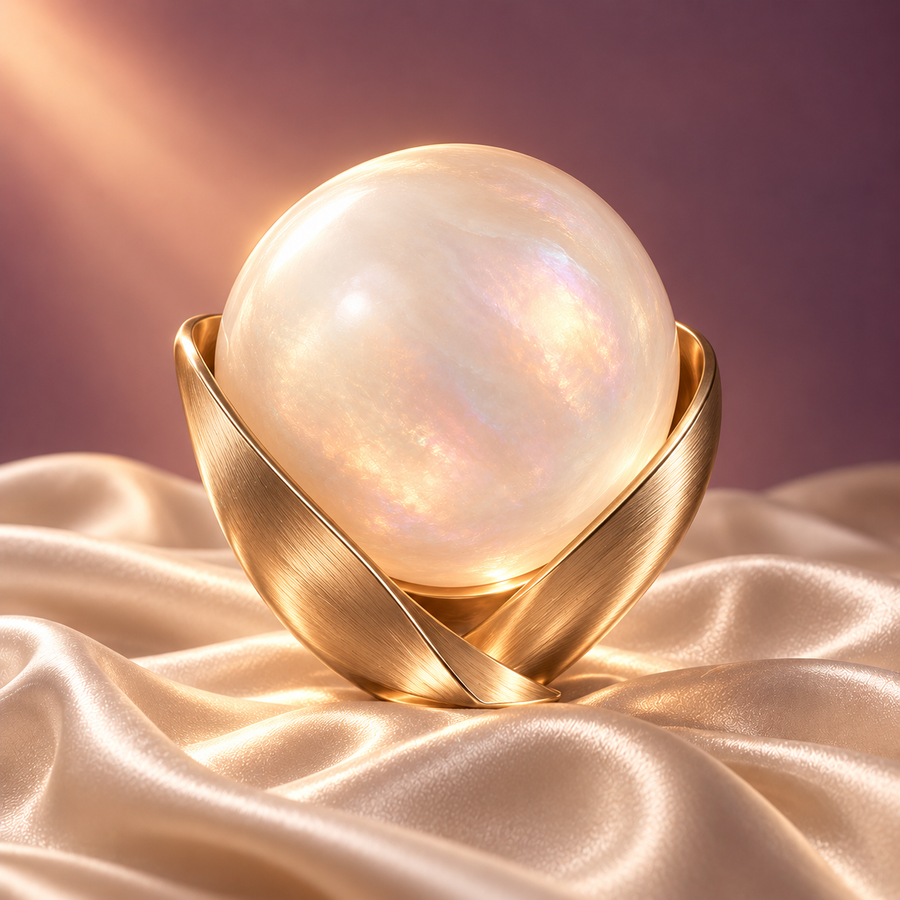 An opalescent orb in a brushed gold cradle on softly folded ivory silk