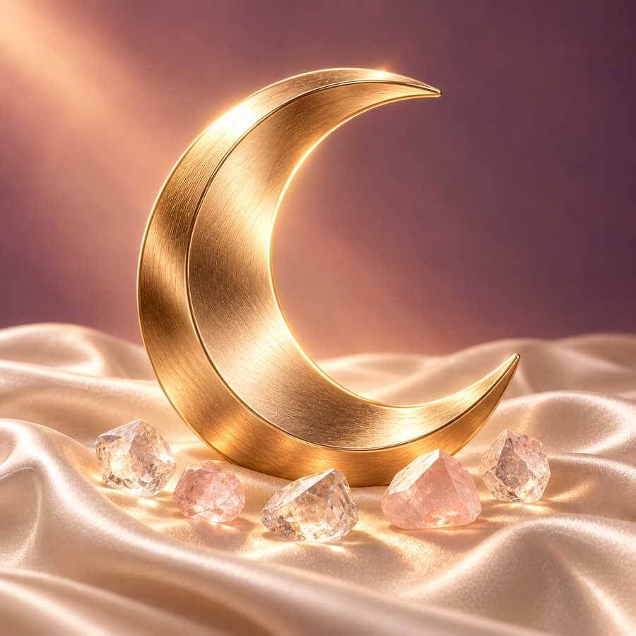 Brushed-gold crescent moon with five clear and blush crystals on ivory silk