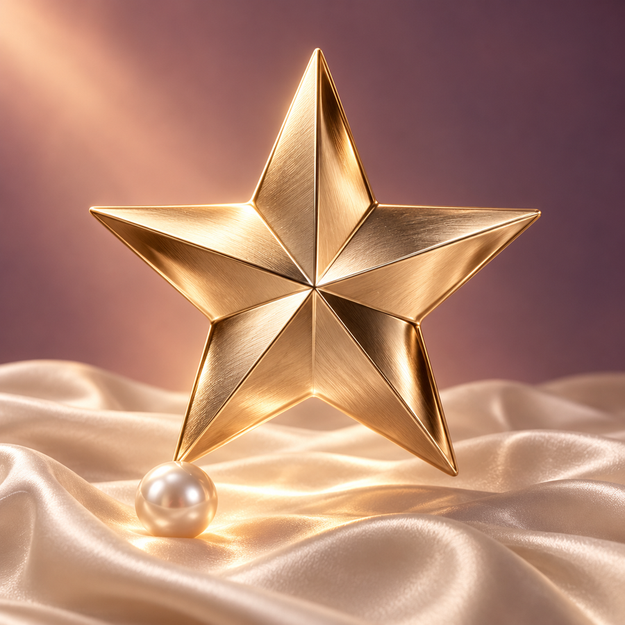 Sculptural champagne-gold star and pearl above soft ivory silk