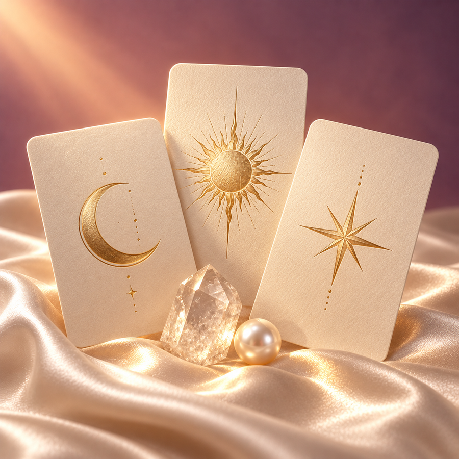 Three ivory cards with gold moon, sun and star motifs beside clear quartz and a pearl