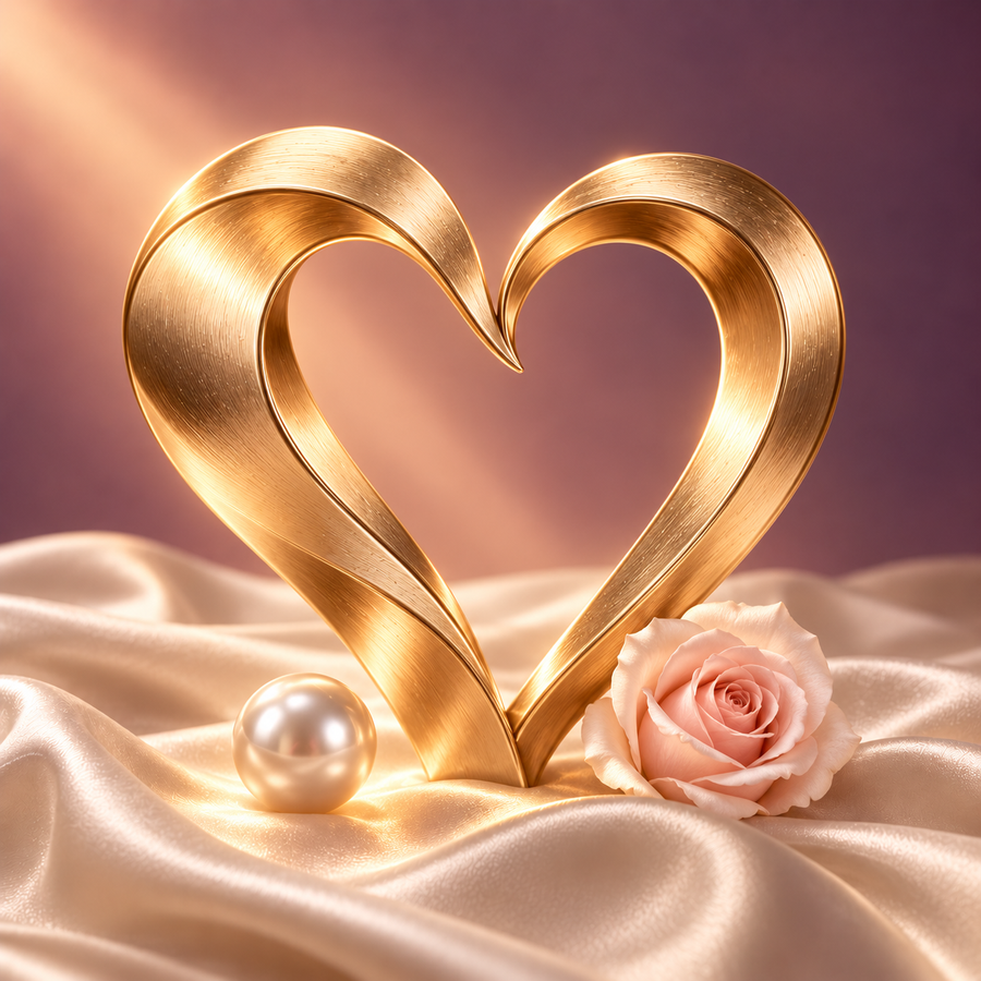 Sculptural champagne-gold heart with a blush rose and pearl on ivory silk