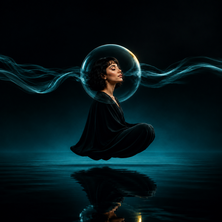 Unbothered Energy Bundle floating meditation artwork with brunette woman